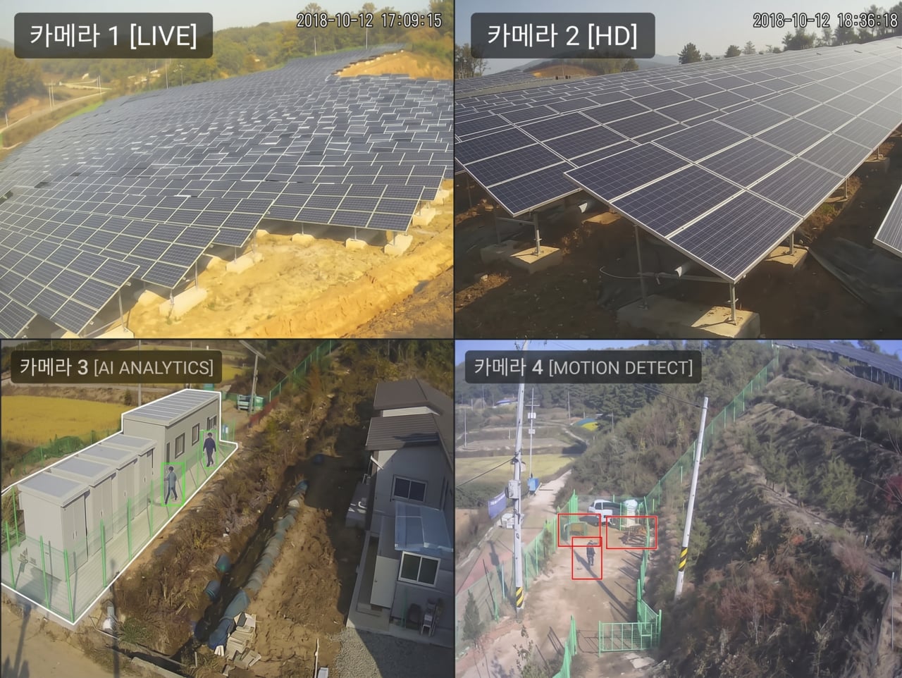 솔라플레이 태양광 발전소 24시간 실시간 무인 감시 및 AI 침입 감지 고화질 CCTV 관제 화면
